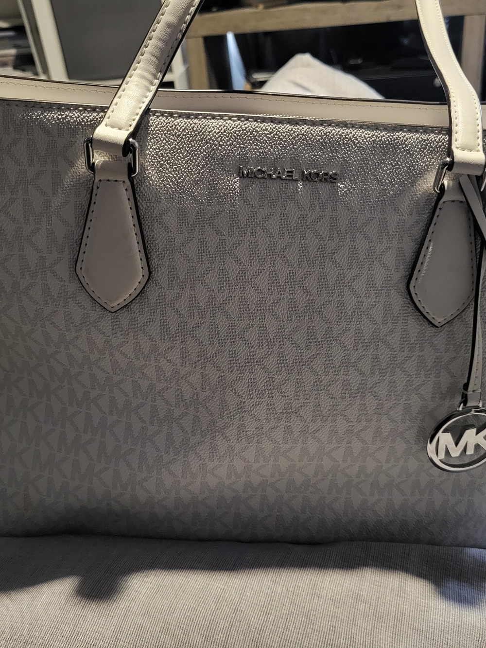 Michael Kors White With Gray MK Logo Tote